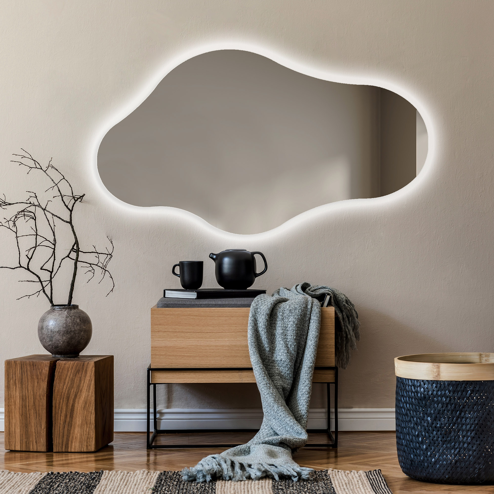 Irregular Asymmetrical Bath Mirror with LED Lighting Sensor Switch-