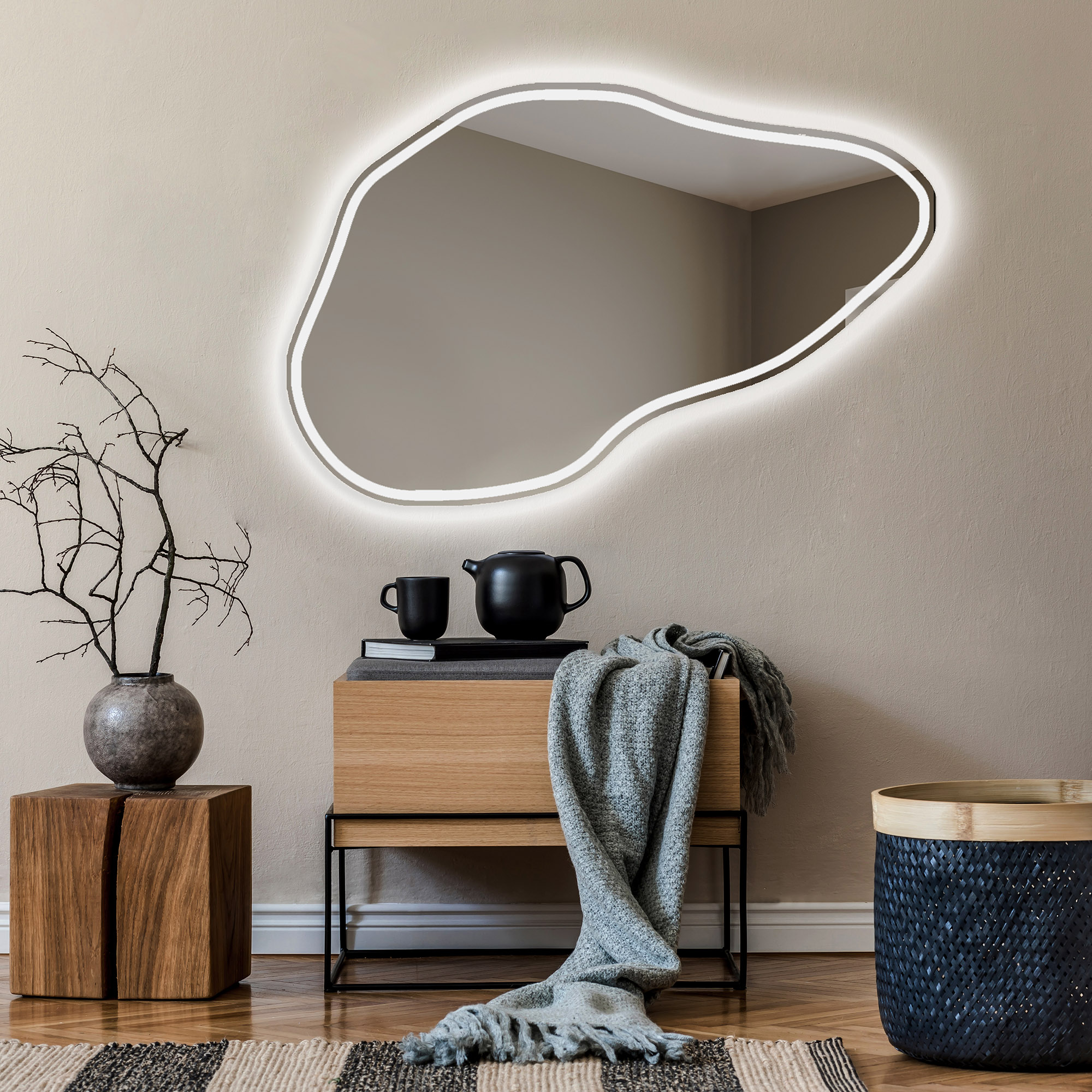 Irregular Asymmetrical Bath Mirror with LED Lighting Sensor Switch-